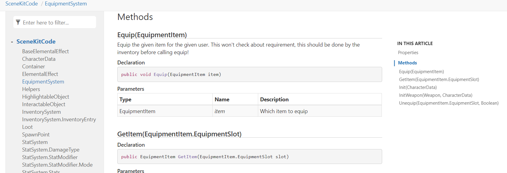 An example of the API doc with the methods right hand menu open